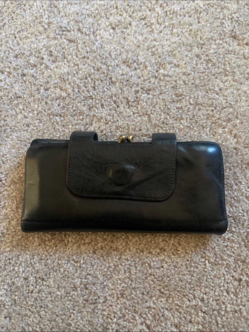 HOBO Black Leather Long Clutch Wallet with Kiss-Lock Accent